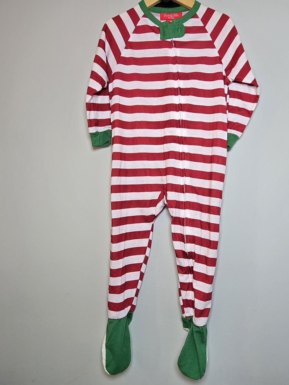 Macy's Red & White Striped Kids Footed One-Piece with Green Trim Holiday
